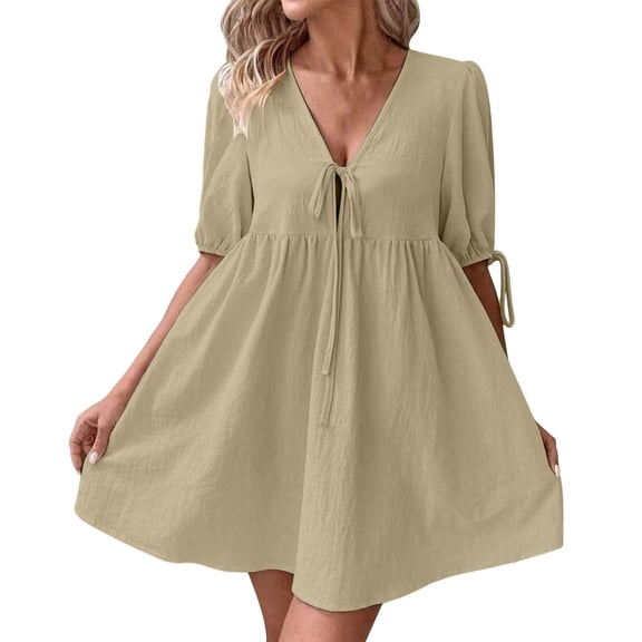 Enjoytime Dress for Women Summer V-Neck Short Sleeve Mini Dresses Fashion Solid Color Lace Up Casual Dresses 2026