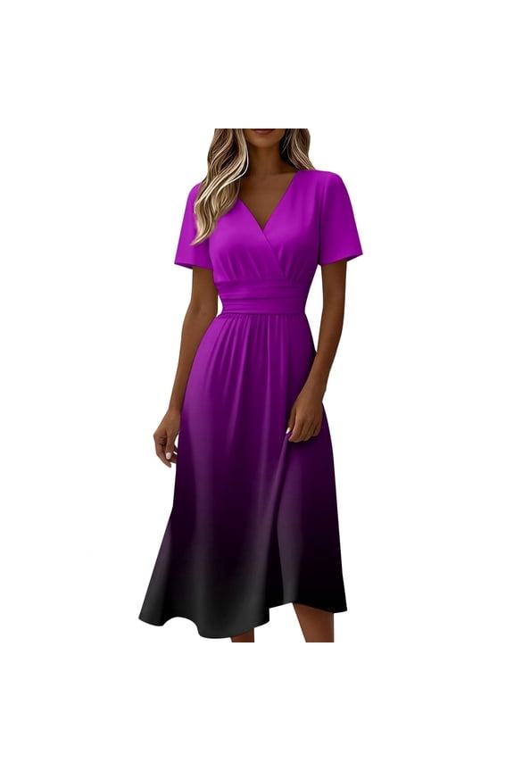 Dresses for Women Short Sleeve V-Neck Wrap Midi Dress Summer Plus Size Casual Vacation Sundress