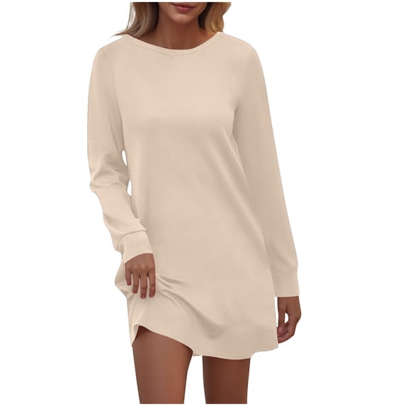Enjoytime Dresses for Women 2025 Solid Color Crewneck Long Sleeve Mini Dress Fashion Elegant Wedding Guest Dress Beige XL