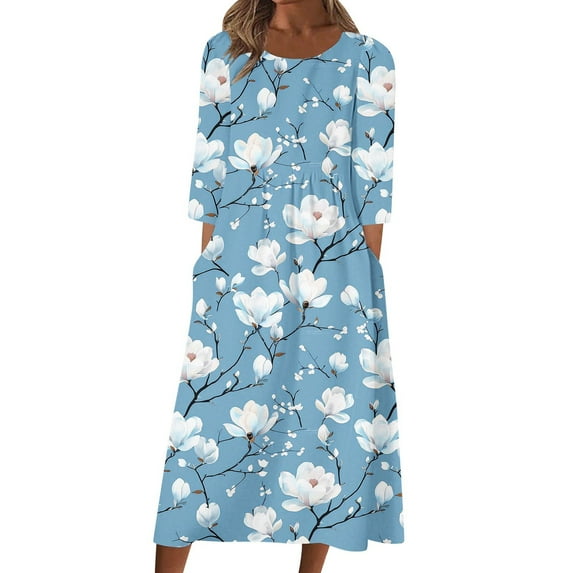 Enjoytime Dresses for Women Floral Printed Round Neck 3/4 Sleeve Midi Dress Fashion Loose Beach Vacation Flowy Dresses Multicolor XXL