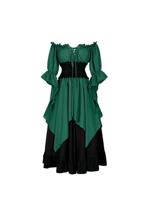 Dresses for Women Halloween Patchwork Flare Long Sleeves Lace Up Vintage Long Dress Elegant Off The Shoulder Medieval Goth Dress Green M
