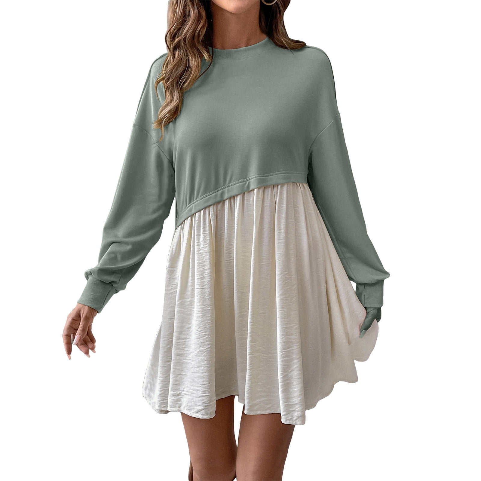 Enjoytime Dresses for Women Patchwork Round Neck Long Sleeve Short ...