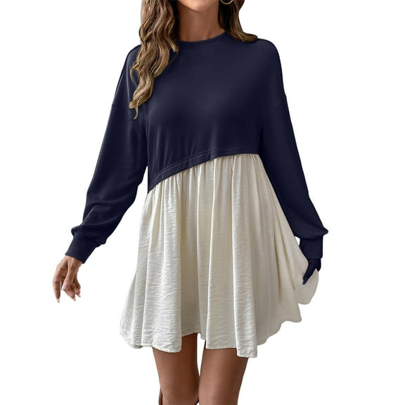 Enjoytime Dresses for Women Patchwork Round Neck Long Sleeve Short Dress Fashion Loose Casual Fall Dresses Navy XL