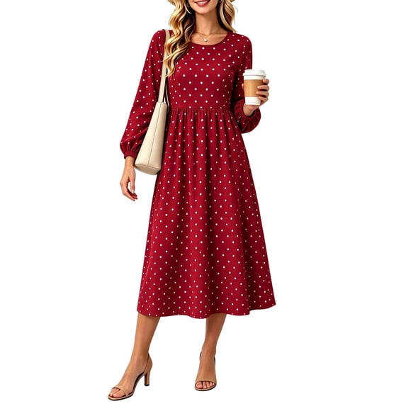 Enjoytime Dresses for Women Polka Dots Crew Neck Long Sleeve Midi Dress ...