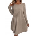 thumbnail image 1 of Enjoytime Dresses for Women Solid Color Crewneck Long Sleeve Pleated Midi Dress Fashion Loose Casual Plus Size Dress Khaki S, 1 of 6