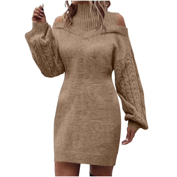 Enjoytime Dresses for Women Solid Color High Neck Off Shoulder Casual Midi Dress Round Neck Long Sleeve Elegant Party Dresses Khaki XL
