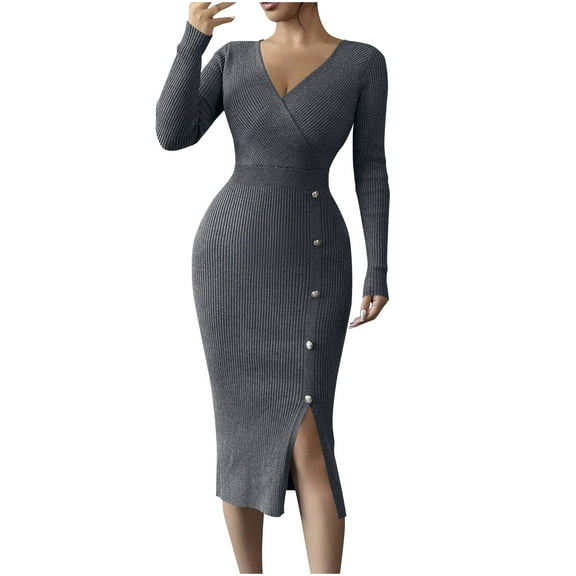 Enjoytime Dresses for Women Solid Color Tight Fitting Knitted Midi Dress Fashion Inner Layer V-Neck Long Sleeve Casual Dress Dark Gray L