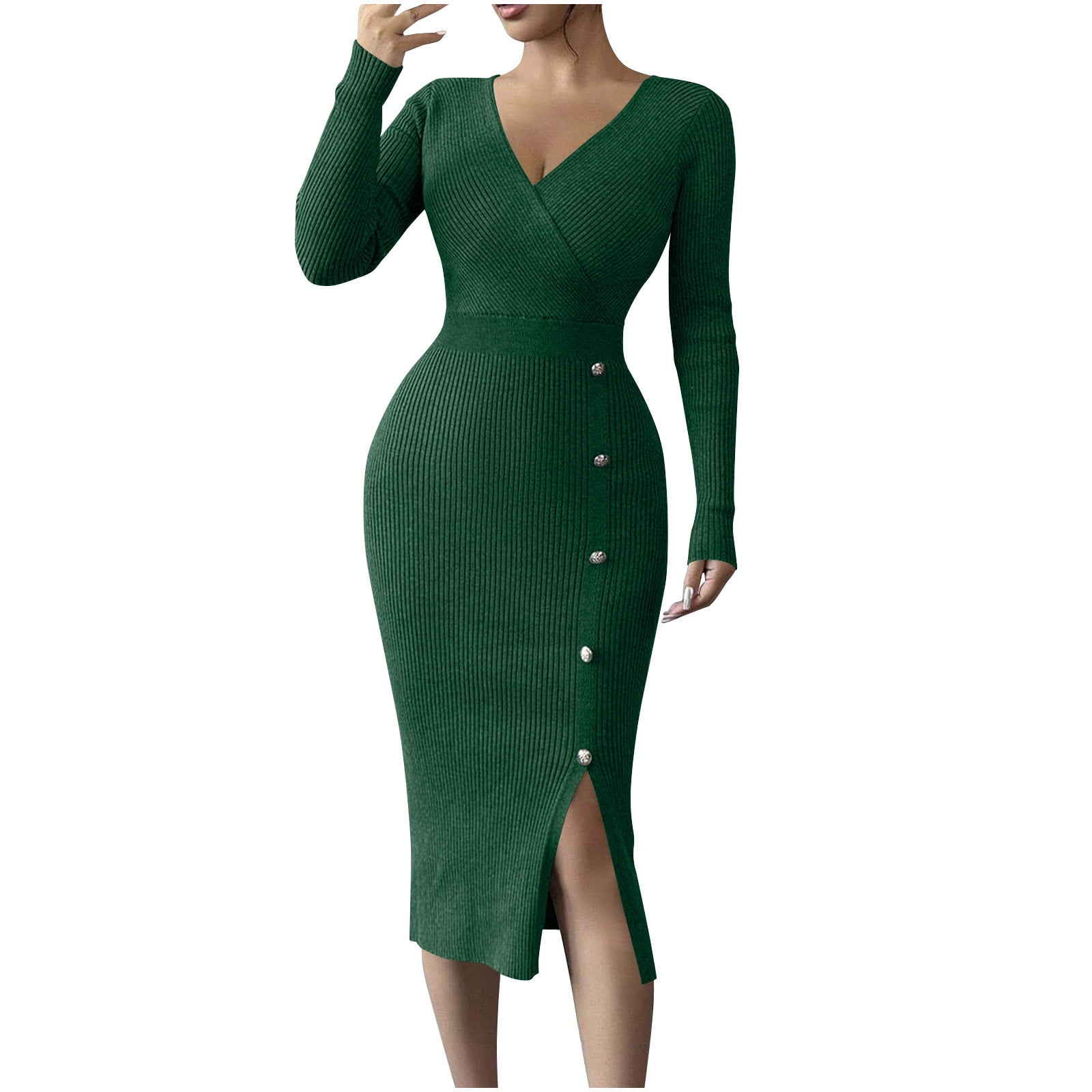 Enjoytime Dresses for Women Solid Color Tight Fitting Knitted Midi Dress  Fashion Inner Layer V-Neck Long Sleeve Casual Dress Green M - Walmart.com