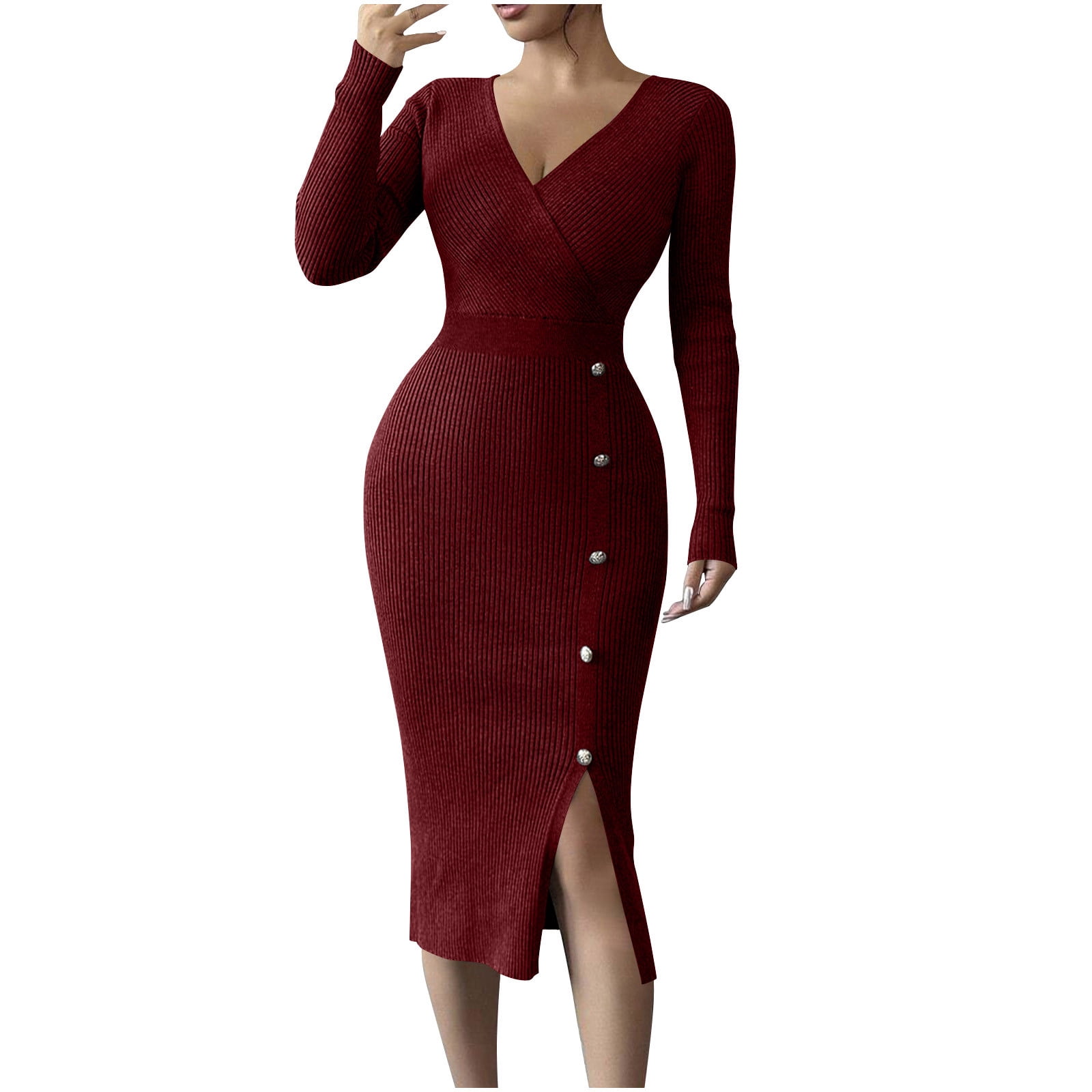 Enjoytime Dresses for Women Solid Color Tight Fitting Knitted Midi Dress  Fashion Inner Layer V-Neck Long Sleeve Casual Dress Wine S - Walmart.com