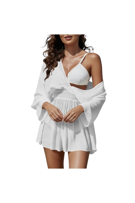 Dresses for Women Solid Color V-Neck Backless Mini Dress Summer Beach Sunscreen Swimsuit Cover Up Dress