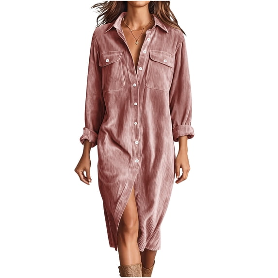 Enjoytime Dresses for Women Solid Color V-Neck Button Down Long Sleeve Dress Fashion Business Casual Vacation Maxi Dress