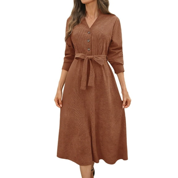 Enjoytime Dresses for Women Solid Color V-Neck Long Sleeve Lace Up Midi Dress Button Down Loose Business Casual Dress Coffee M