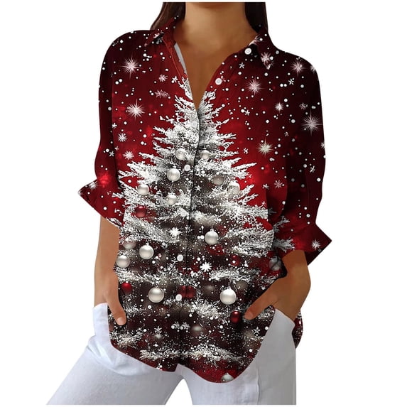 Enjoytime Dressy Tops for Women Christmas Vintage Print Long Sleeve Collared Button Down Blouse Fall Fashion Casual Plus Size Shirts