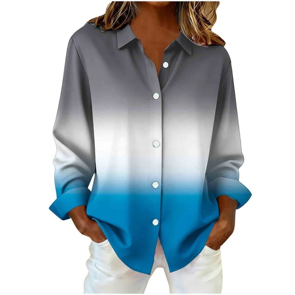 Enjoytime Dressy Tops for Women Printed V-Neck Collared Long Sleeve Button Down Shirts Business Casual Work Plus Size Women Blouses Blue XXL