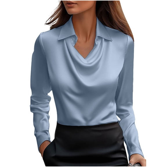 Enjoytime Dressy Tops for Women Solid Color Crewneck Long Sleeve Temperament Shirt Casual Business Office Work Plus Size Blouse Blue S
