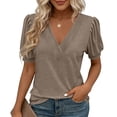 thumbnail image 1 of Enjoytime Dressy Tops for Women Solid Color V-Neck Pleated Base Blouse Short Sleeve Shirts Business Work Casual Shirts, 1 of 7