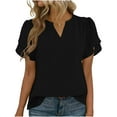 thumbnail image 1 of Enjoytime Dressy Tops for Women Solid Color V-Neck Pleated Base Blouse Short Sleeve Shirts Business Work Casual Shirts Black L, 1 of 8