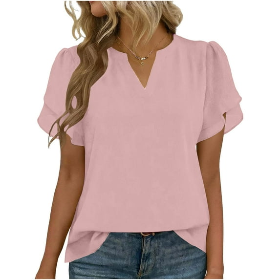Enjoytime Dressy Tops for Women Solid Color V-Neck Pleated Base Blouse Short Sleeve Shirts Business Work Casual Shirts Pink L