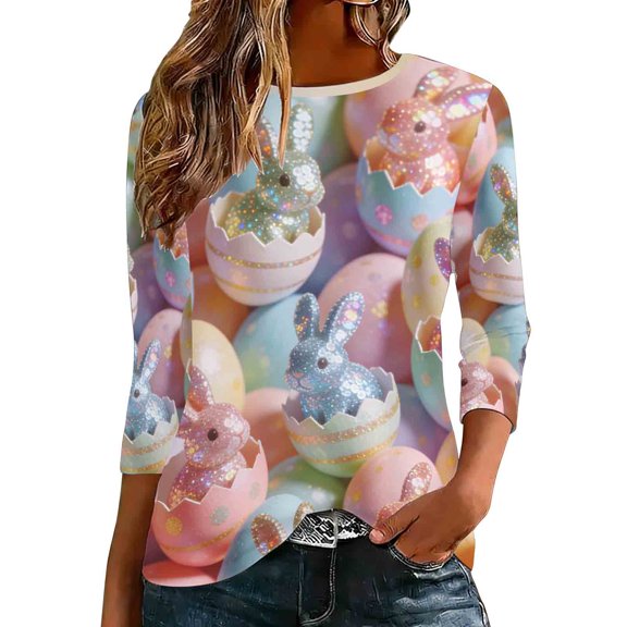Enjoytime Easter Cute Tops for Women Cute Bunny Rabbit Eggs Printed 3/4 Sleeve Shirts Spring Casual Holiday Plus Size Blouse Pink L