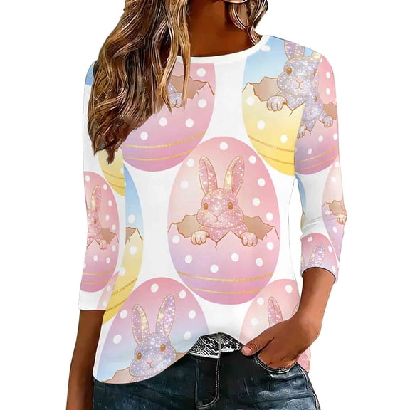 Enjoytime Easter Ladies Tops and Blouses Cute Rabbit Eggs Graphic Crewneck 3/4 Sleeve Shirts Spring Casual Plus Size Womens Clothing White XXXL