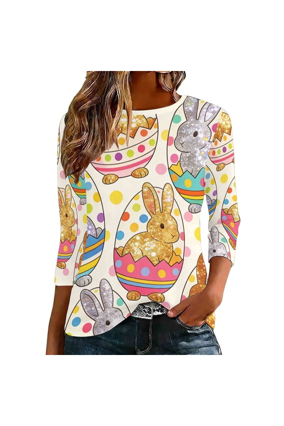 Easter Women's Shirts Cute Rabbit Eggs Graphic Crewneck 3/4 Sleeve Tops Spring Casual Bunny Plus Size Women Blouses Beige S