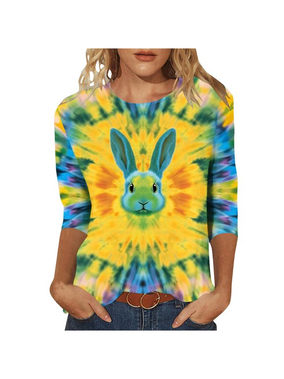 Easter Womens Casual Tops Eggs Bunny Print Crew Neck 3/4 Sleeve T Shirts Cute Casual Plus Size Shirt