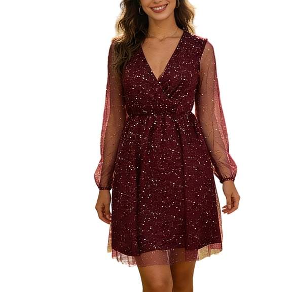 Enjoytime Elegant Dresses for Women Solid Color Mesh Patchwork Long Sleeve Dress Short Dress Fashion Casual Wedding Guest Dresses