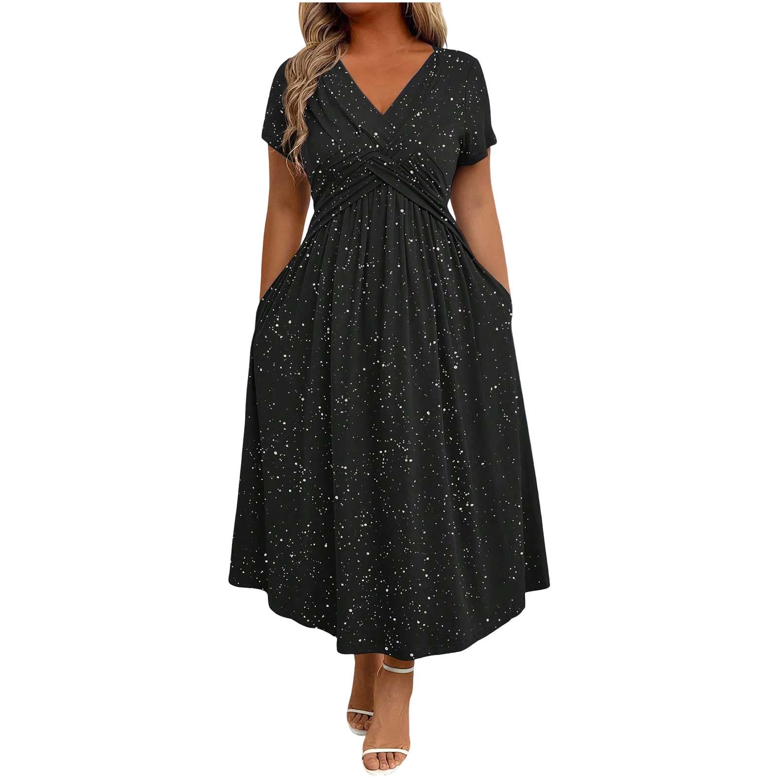 Enjoytime Elegant Dresses for Women Solid Color V-Neck Short Sleeve Long Dress  Casual Trendy Plus Size Wedding Guest Dress with Pocket - Walmart.com