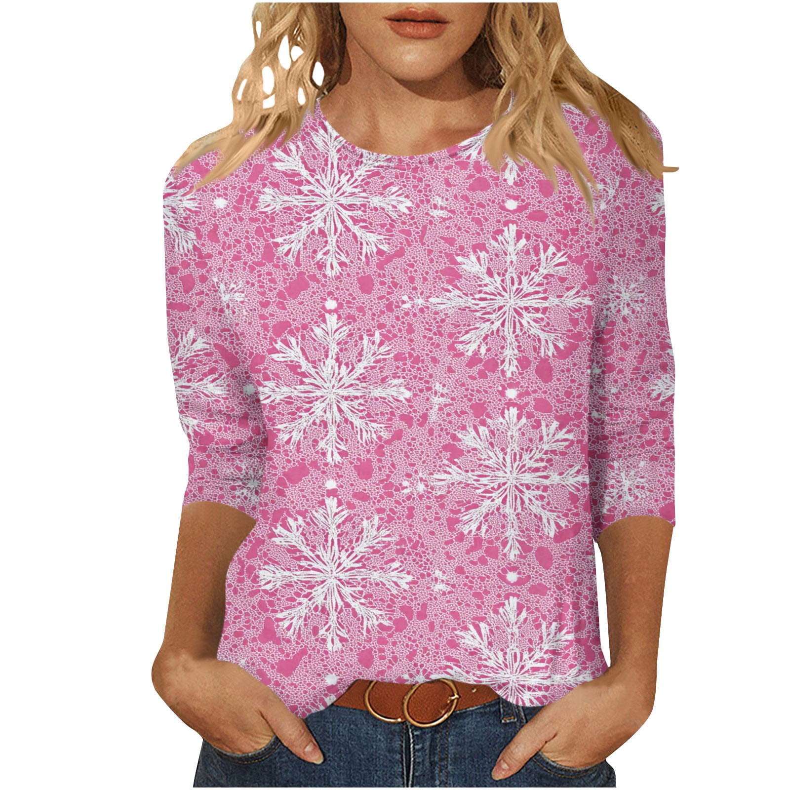 Multicolor Fall Blouses Enjoytime Fall Blouses for Women 2025 Christmas Printed Round Neck Plus ...