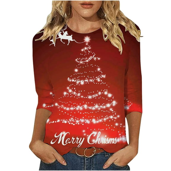 Enjoytime Fall Clothes for Women Christmas Cute Printed Crewneck 3/4 Sleeve Shirt Fashion Casual Blouse Loose Trendy Winter Plus Size Tops Multicolor L