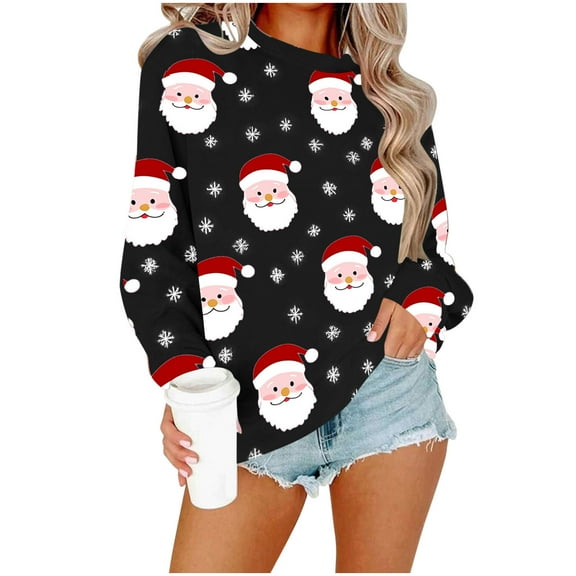 Enjoytime Fall Clothes for Women 2025 Printed Long Sleeve Pullover Tops Xmas Holiday Casual Crewneck Sweatshirt Black L