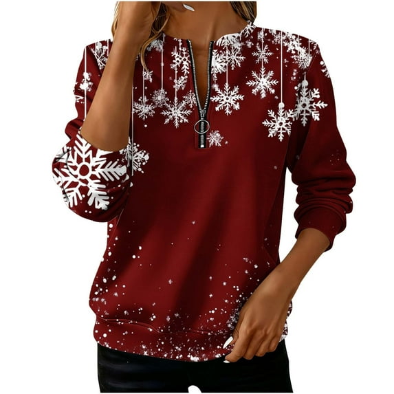 Enjoytime Fall Clothes for Women Christmas Printed V-Neck Quarter Zip Up Sweatshirt Winter Comfy Warm Casual Long Sleeve Pullover Tops