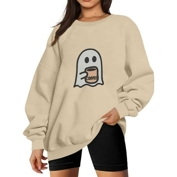 Enjoytime Fall Clothes for Women Halloween Vintage Ghost Printed Cute Pullover Sweatshirt Casual Loose Winter Long Sleeve Plus Size Tops