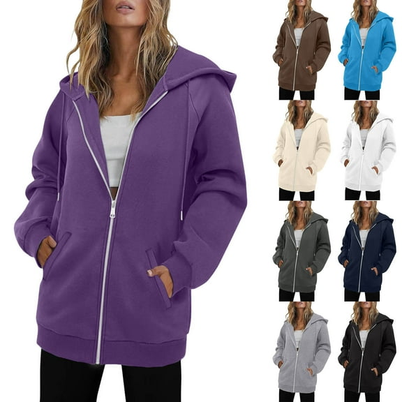 Enjoytime Fall Clothes for Women Solid Color Long Sleeve Medium Long Pullover Sweatshirts Winter Casual Lightweight Zip Up Hoodie