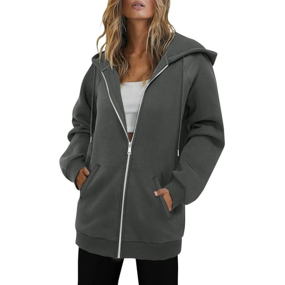 Enjoytime Fall Clothes for Women Solid Color Long Sleeve Medium Long Pullover Sweatshirts Winter Casual Lightweight Zip Up Hoodie