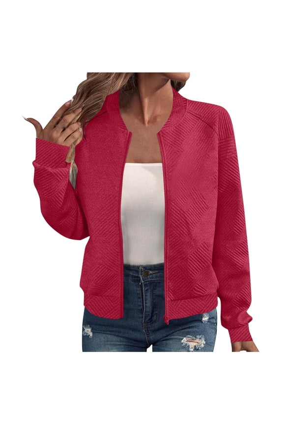 Fall Clothes for Women Solid Color Long Sleeve Zip Up Jackets Fashion Trendy Winter Casual Outerwear 2025 Hot Pink S