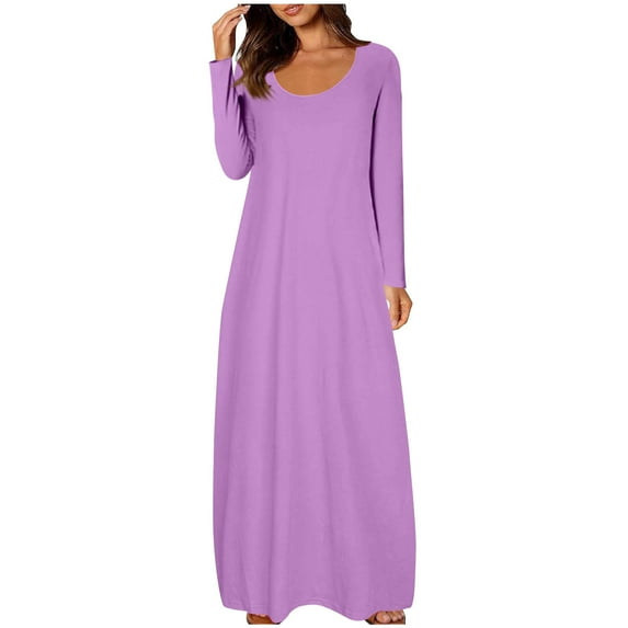 Enjoytime Fall Dresses for Women 2025 Solid Color Crewneck Loose Long Dress Long Sleeve Trendy Winter Casual Dress Purple XL