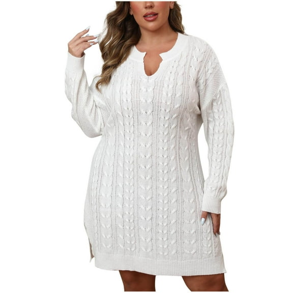 Enjoytime Fall Dresses for Women 2025 Solid Color Long Sleeve V-Neck Midi Dress Casual Loose Plus Size Dresses White XXL