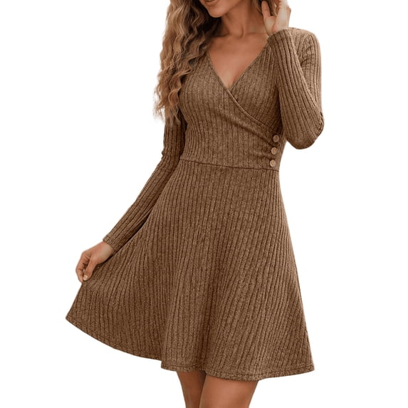 Enjoytime Fall Dresses for Women V‑Neck Wrap Ribbed Knit Mini Dress Work Casual Long Sleeve A‑Line Plus Size Dress
