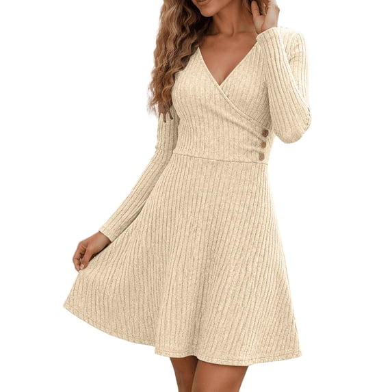 Enjoytime Fall Dresses for Women V‑Neck Wrap Ribbed Knit Mini Dress Work Casual Long Sleeve A‑Line Plus Size Dress