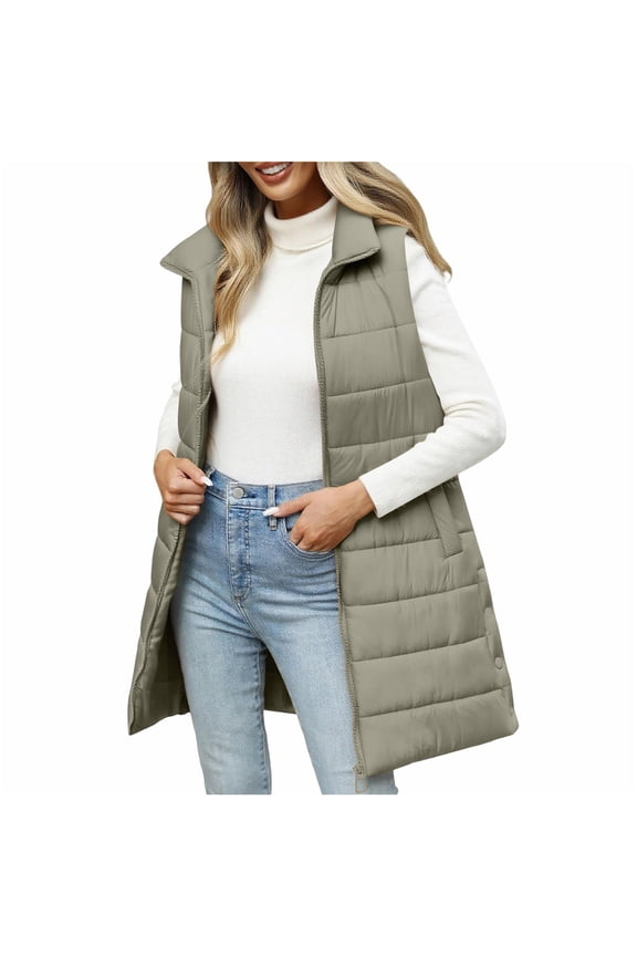 Fall Jacket Women Solid Color Turn Down Collar Sleeveless Puffer Coat Winter Warm Outerwear with Pockets Gray XXL