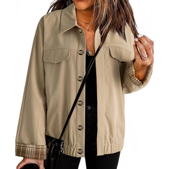 Enjoytime Fall Jackets for Women 2025 Casual Lapel Long Sleeve Outerwear Solid Color Button Down Trendy Winter Coat Fashion Clothes 2025 Khaki XXL