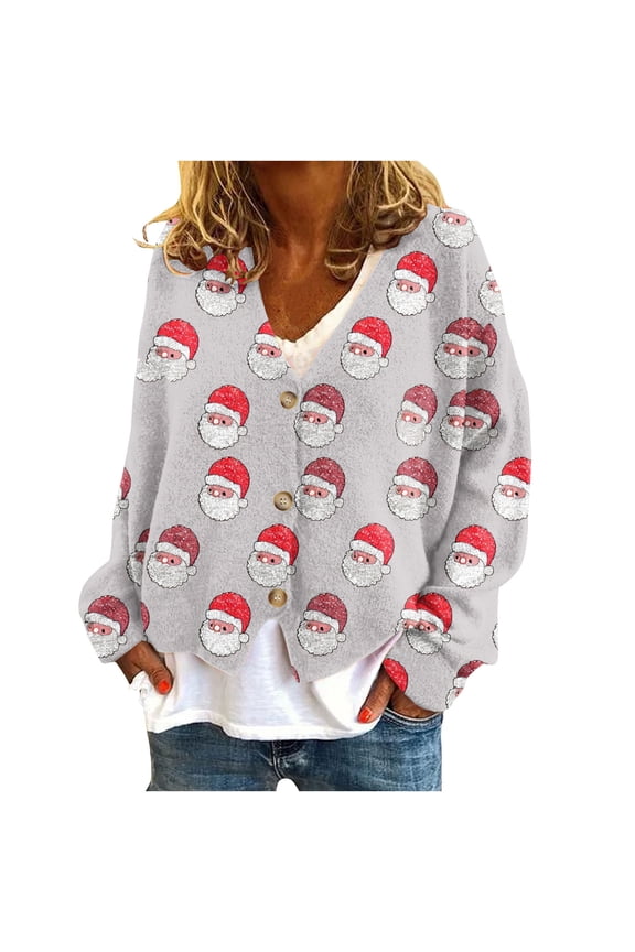Fall Jackets for Women 2025 Christmas Print Button Down V Neck Long Sleeve Cardigan Winter Fashion Casual Outwear Gray S