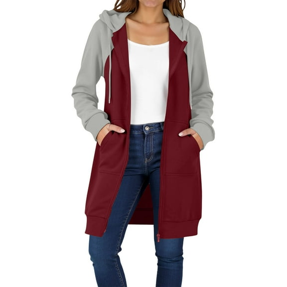 Enjoytime Fall Jackets for Women 2025 Fashion Patchwork Long Sleeve Hooded Long Coat Winter Warm Full Zip Up Casual Outerwear Red L