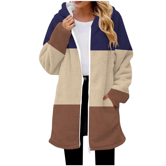 Enjoytime Fall Jackets for Women 2025 Patchwork Long Sleeve Zip Up Hoodies Plus Size Fashion Winter Warm Mid-Length Coats