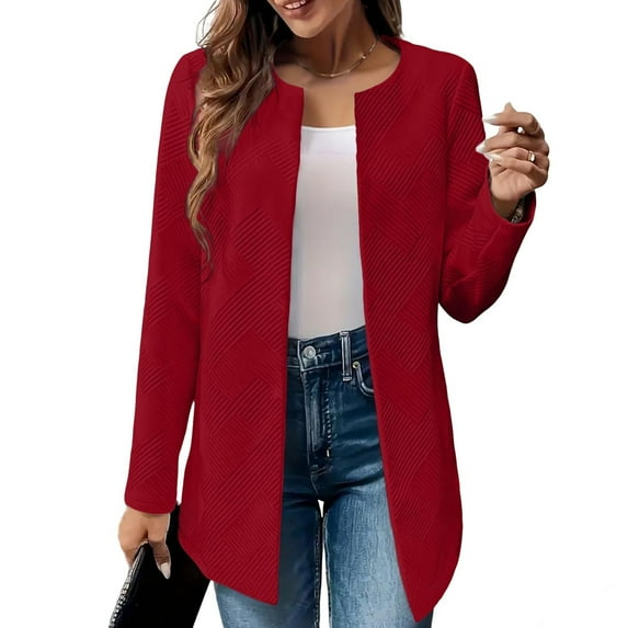 Enjoytime Fall Jackets for Women 2025 Solid Color Knit Open Front Cardigan Long Sleeve Casual Outerwear Fashion Plus Size Womens Clothing Red XXL