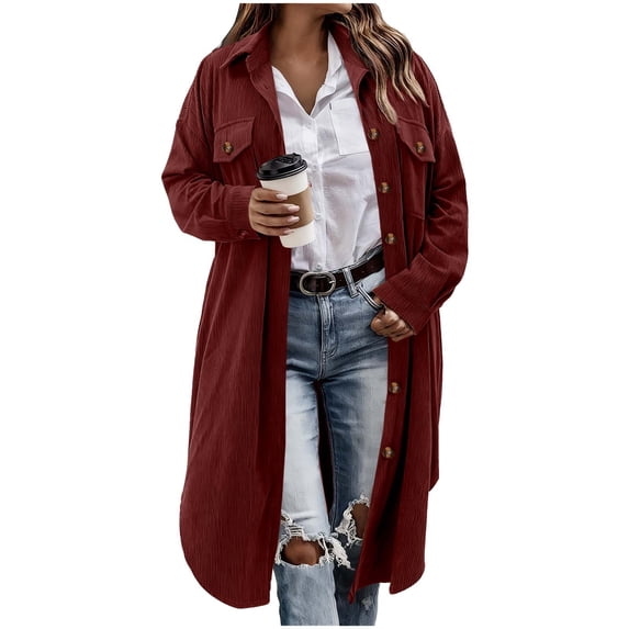 Enjoytime Fall Jackets for Women 2025 Solid Color Lapel Long Sleeve Button Down Long Coat Winter Cozy Casual Outerwear Wine M