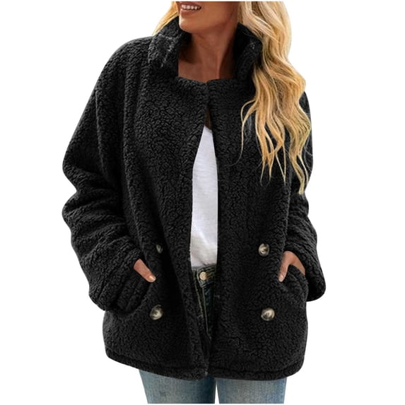 Enjoytime Fall Jackets for Women 2025 Solid Color Stand Collar Long Sleeve Button Down Outerwear Casual Trendy Warm Winter Coat Black L