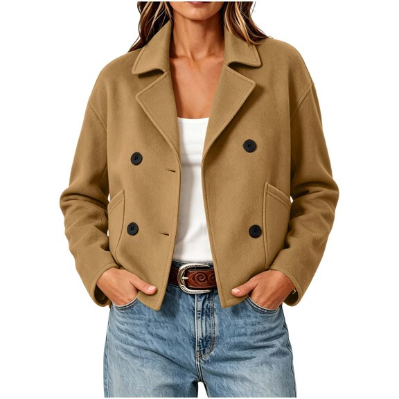 Enjoytime Fall Jackets for Women Lapel Double Breasted Cropped Jacket Casual Fashion Long Sleeve Outerwear with Pockets