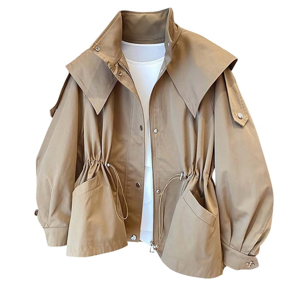 Enjoytime Fall Jackets for Women Long Sleeve Hooded Drawstring Waist Trench Coat Stand Collar Trendy Casual Winter Outerwear